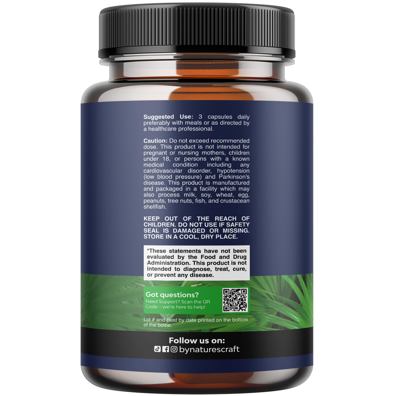 Natures Craft Prostate Support bottle showing saw palmetto and pygeum ingredient facts
