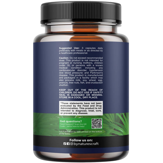 Natures Craft Prostate Support bottle showing saw palmetto and pygeum ingredient facts