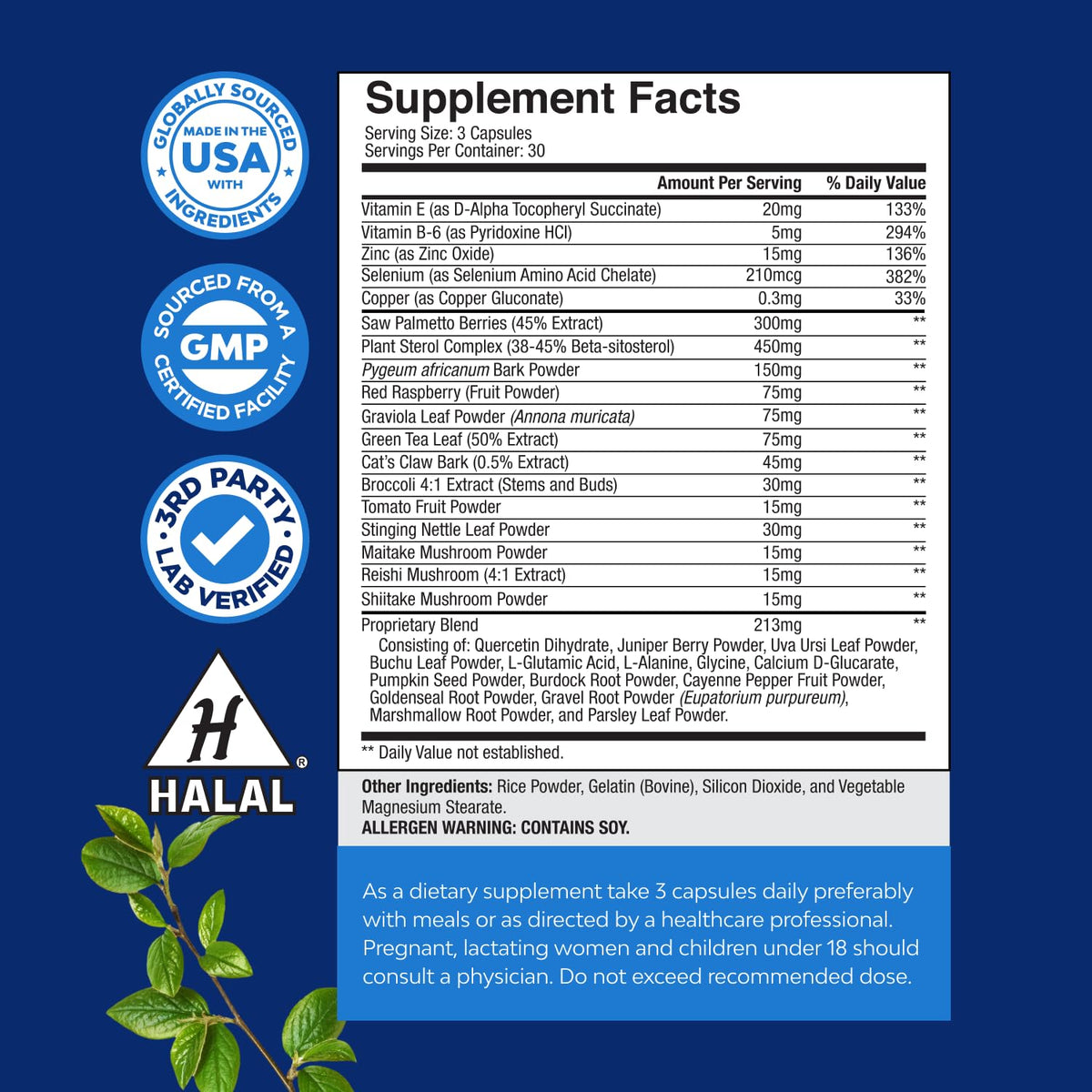 Side angle of Natures Craft premium men urinary health supplement imported from USA