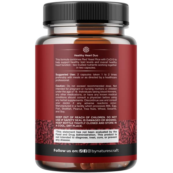Natures Craft cardiovascular support supplement showing 1200mg red yeast rice ingredient label