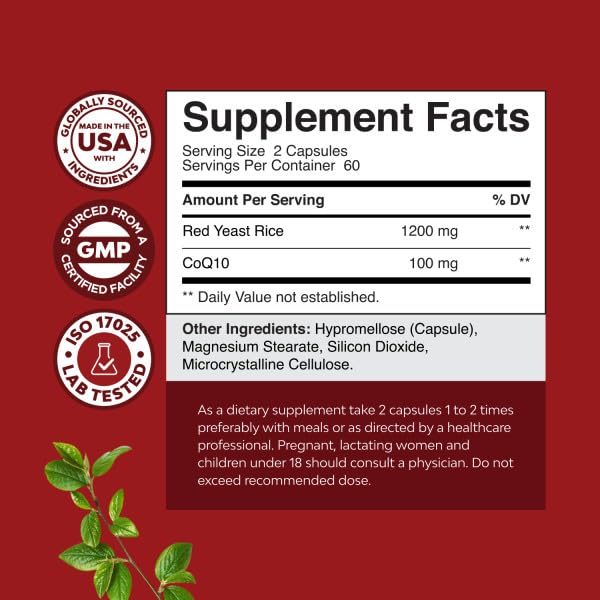 Premium citrinin-free red yeast rice capsules with 100mg coenzyme q10 for antioxidant defense