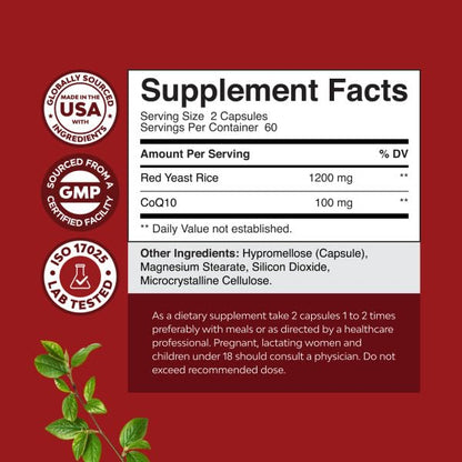 Premium citrinin-free red yeast rice capsules with 100mg coenzyme q10 for antioxidant defense