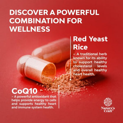 Natures Craft red yeast rice 120 count bottle displaying safe usage and dosage instructions