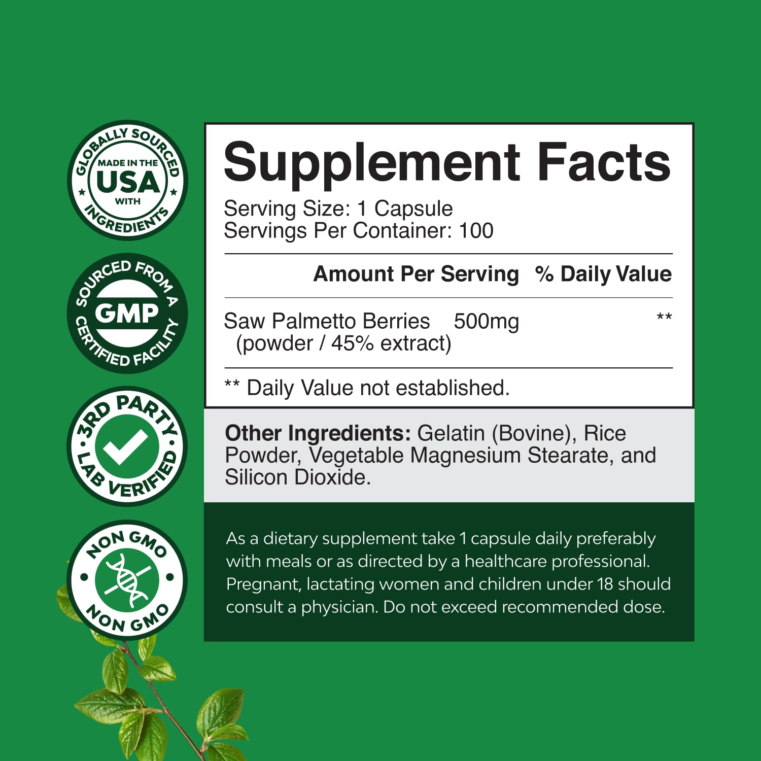 Natures Craft Saw Palmetto 500mg supplement facts label showing ingredients list