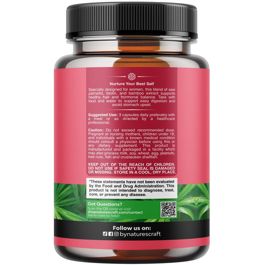Nature's Craft Saw Palmetto supplement container highlighting the 500mg dosage and key ingredients list.