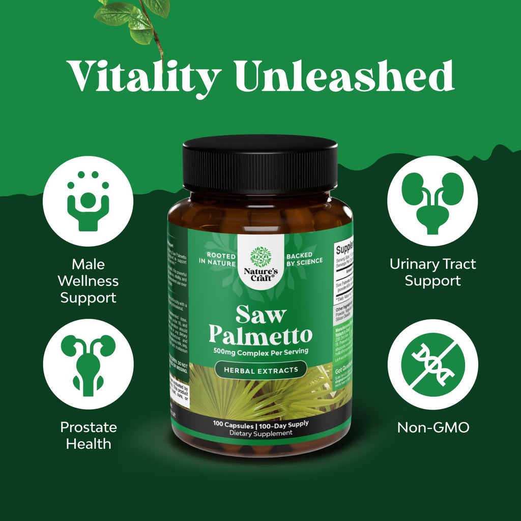 Non GMO verified saw palmetto berry extract 100 day supply bottle view