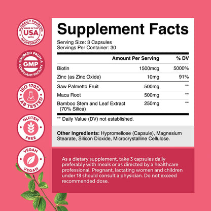 Supplement facts label on Nature's Craft women's hair vitamins displaying biotin and maca root values.