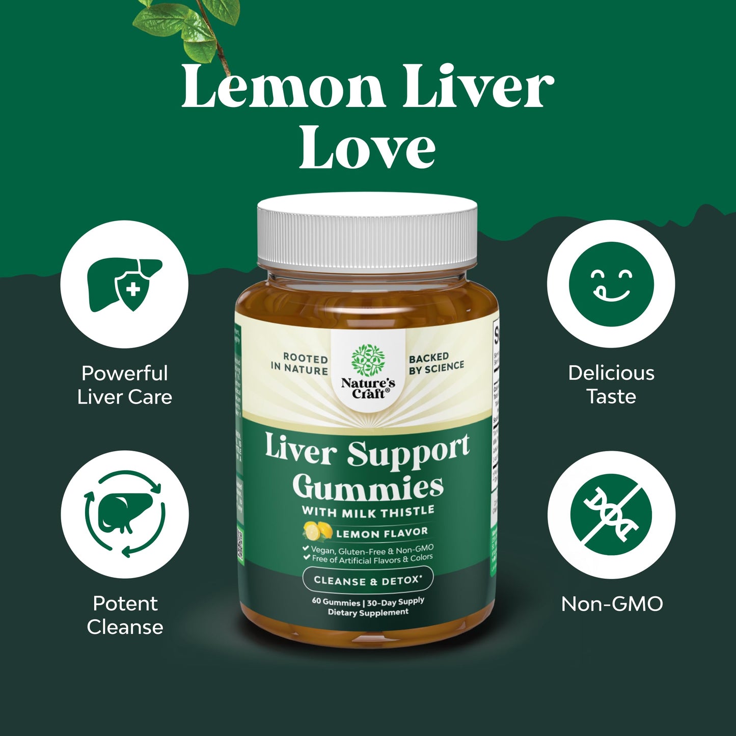 Nature's Craft plant based non GMO vegan wellness gummies text detail.