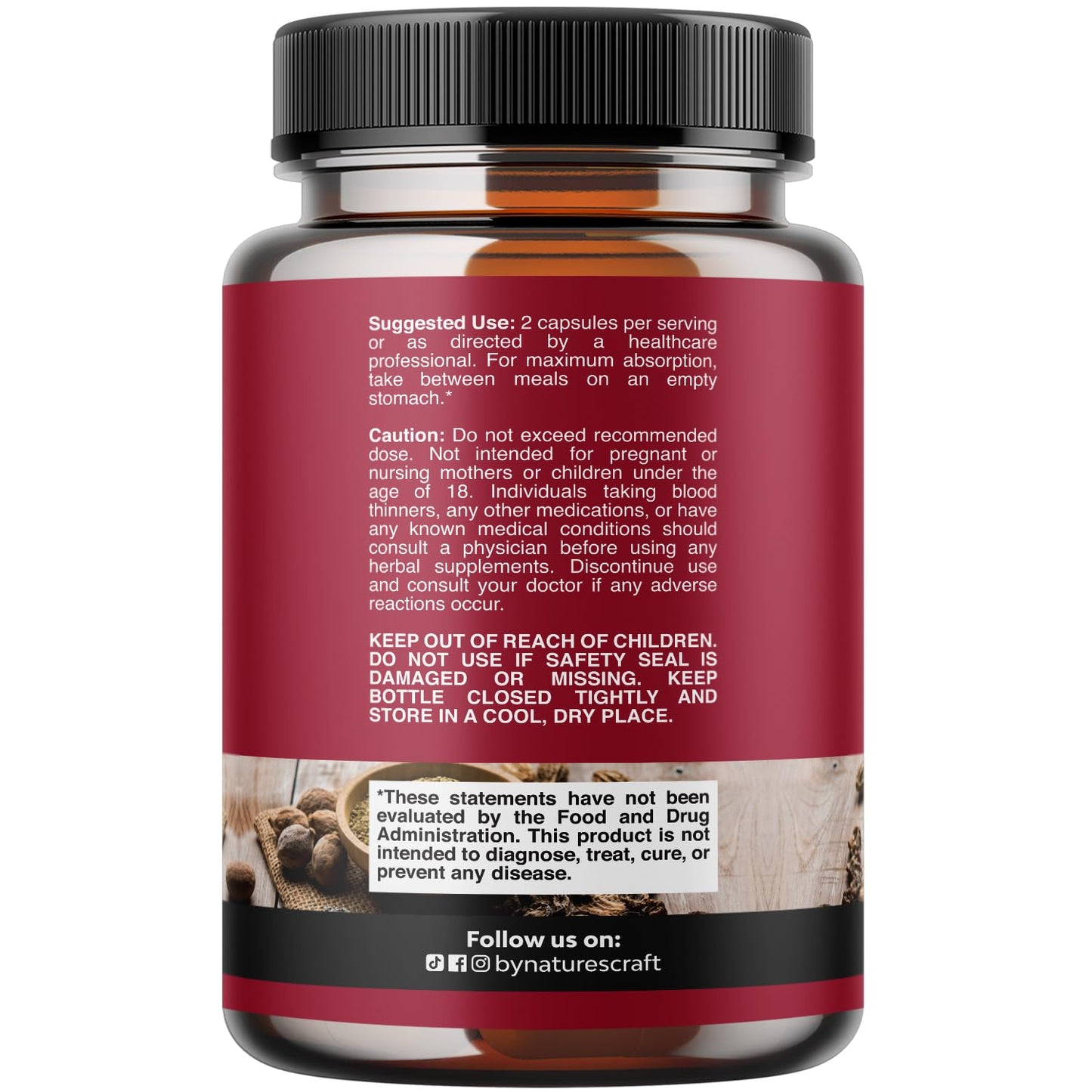 Natures Craft Organic Triphala supplement bottle showcasing the supplement facts and certified organic ingredients list