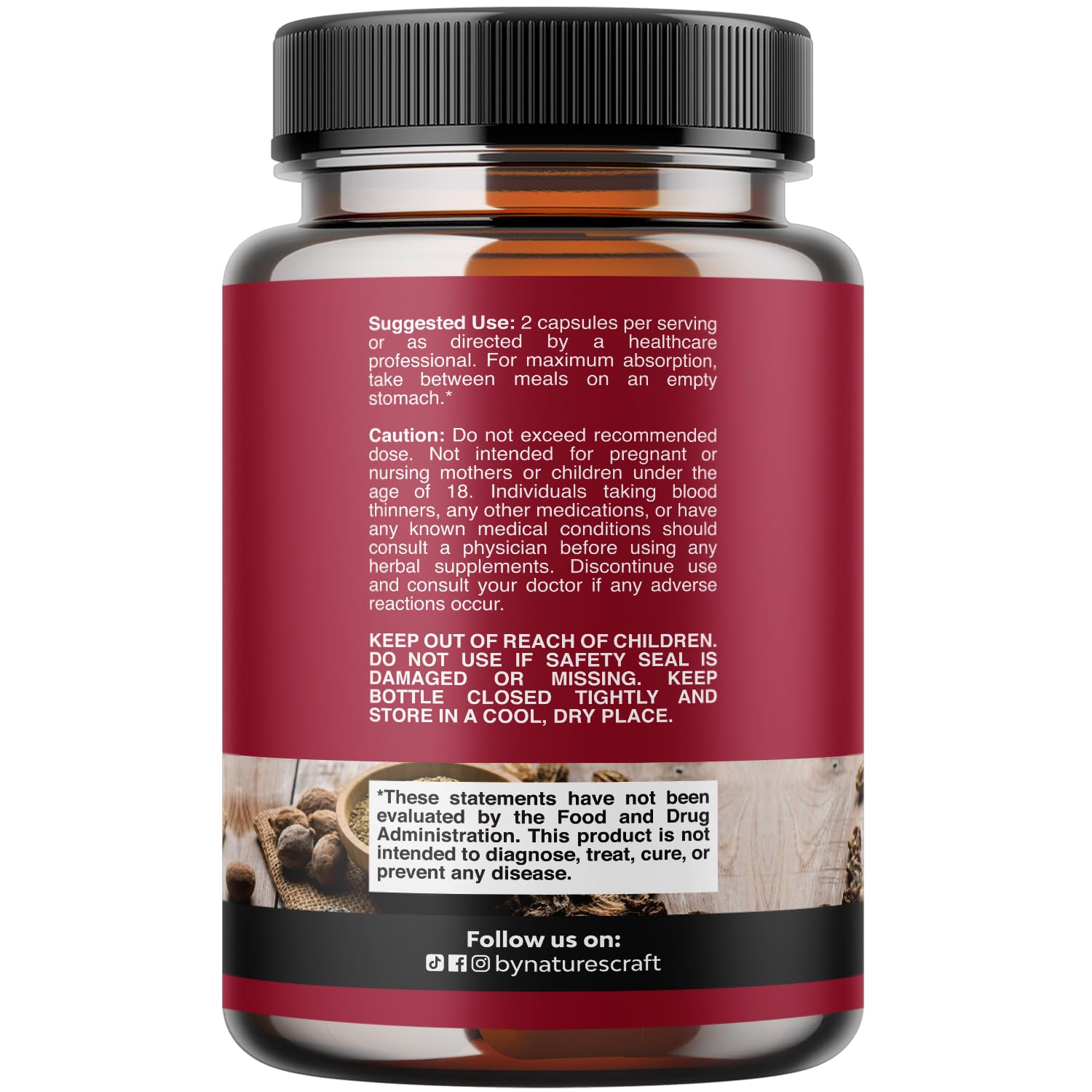 Natures Craft Organic Triphala supplement bottle showcasing the supplement facts and certified organic ingredients list