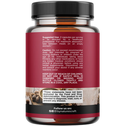 Natures Craft Organic Triphala supplement bottle showcasing the supplement facts and certified organic ingredients list