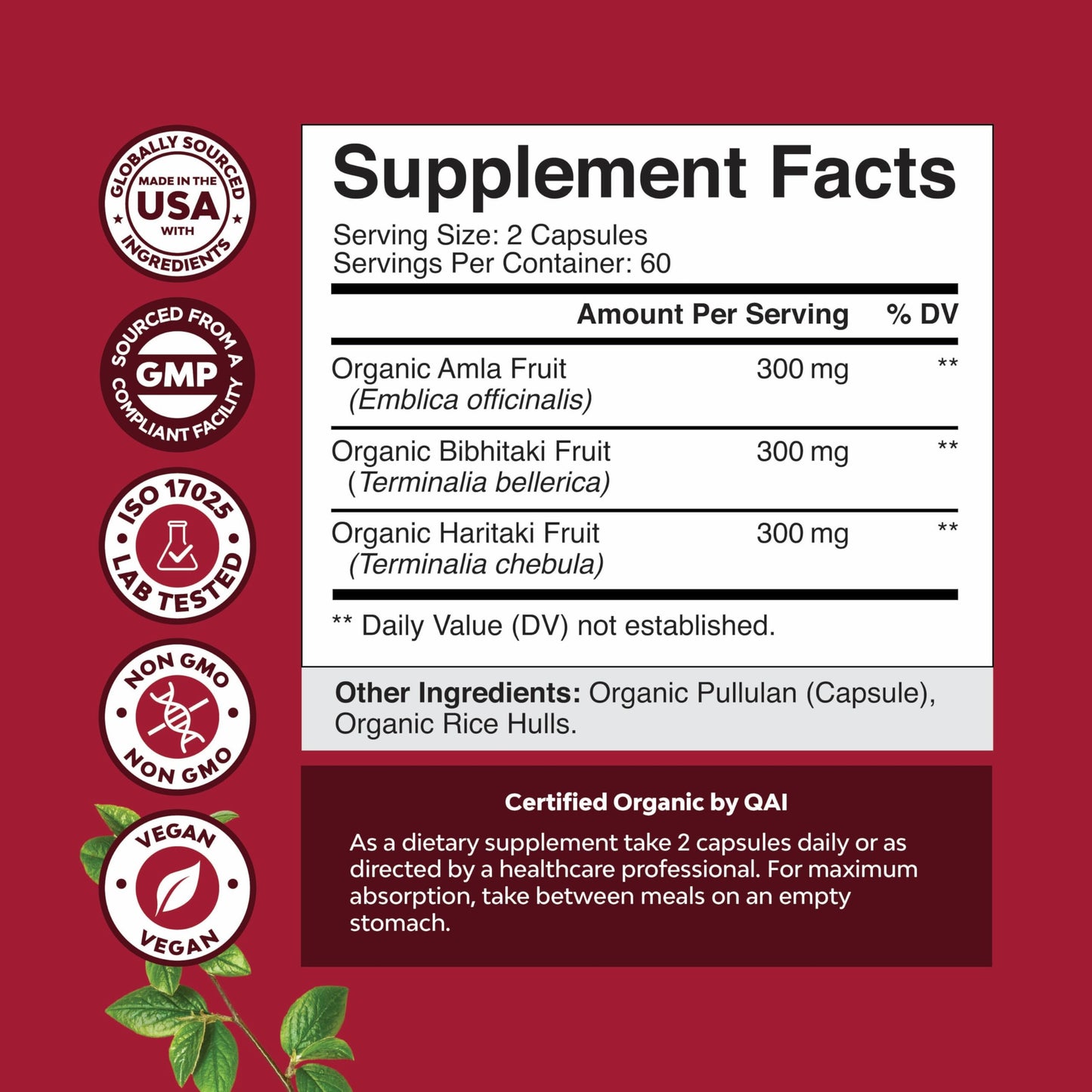 Side view of Natures Craft Triphala packaging illustrating the authentic premium USA imported beauty and wellness label details