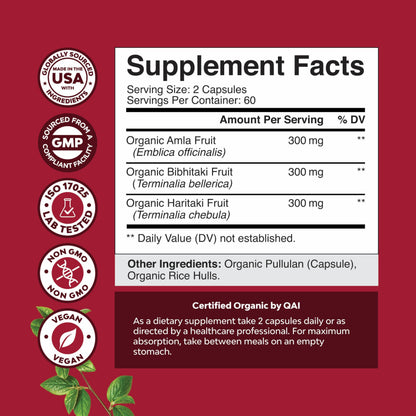 Side view of Natures Craft Triphala packaging illustrating the authentic premium USA imported beauty and wellness label details
