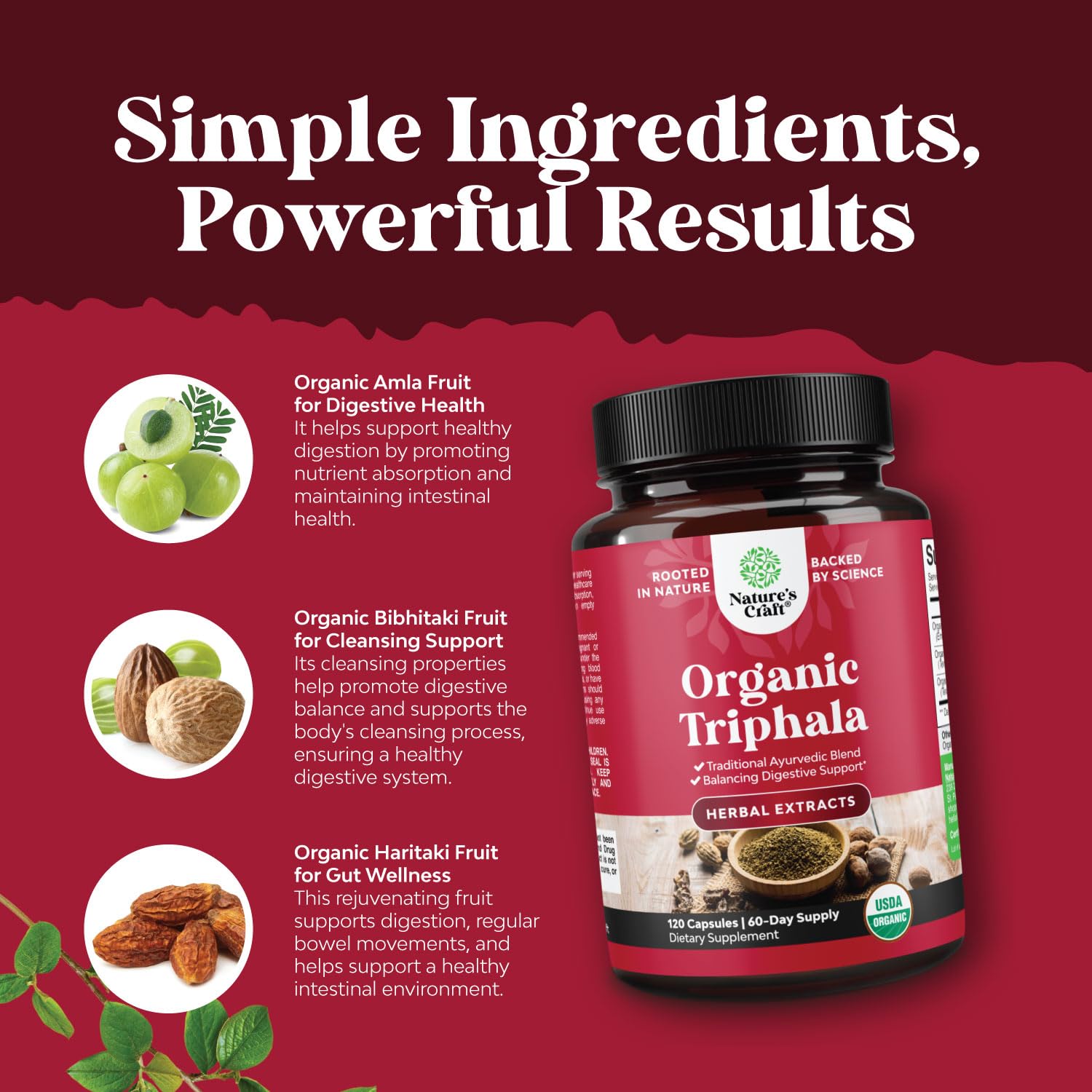 Natures Craft Organic Triphala bottle demonstrating the daily dosage instructions for colon cleanse and regular bowel movements