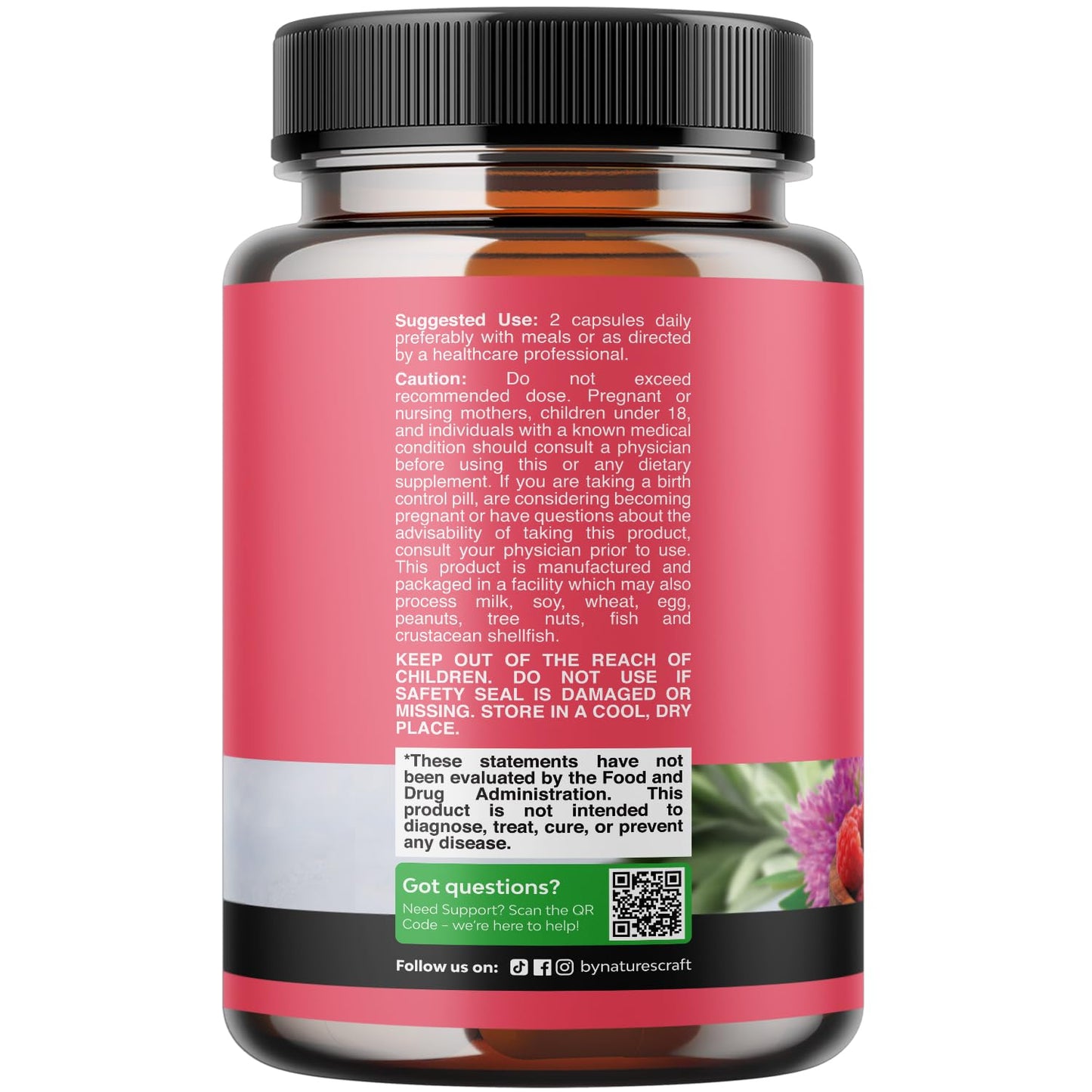 Side angle view of Natures Craft hormone balance supplement highlighting the key herbal ingredients list