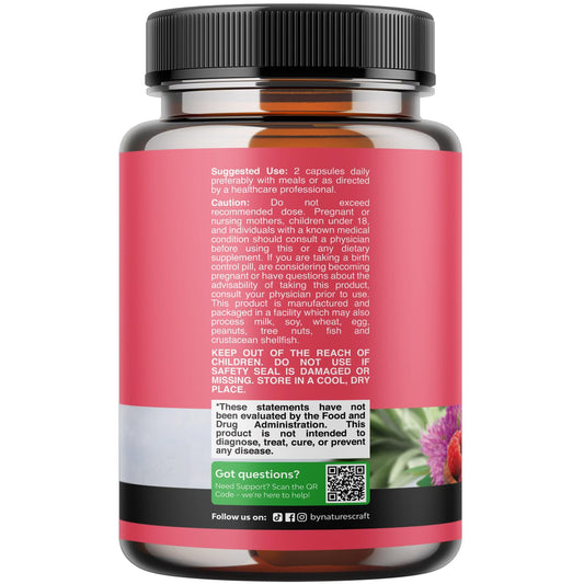 Side angle view of Natures Craft hormone balance supplement highlighting the key herbal ingredients list