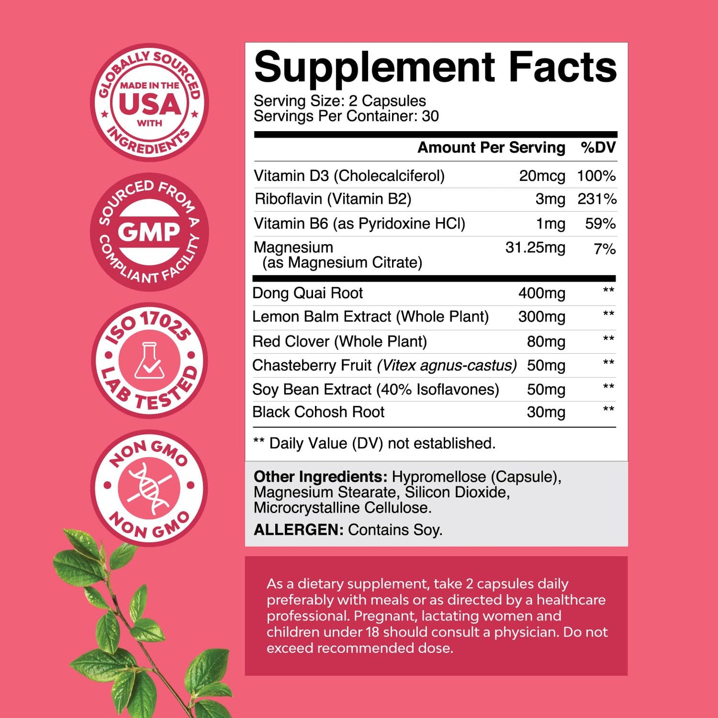 Back label view of Natures Craft menopause ease capsules featuring the full supplement facts panel and usage instructions