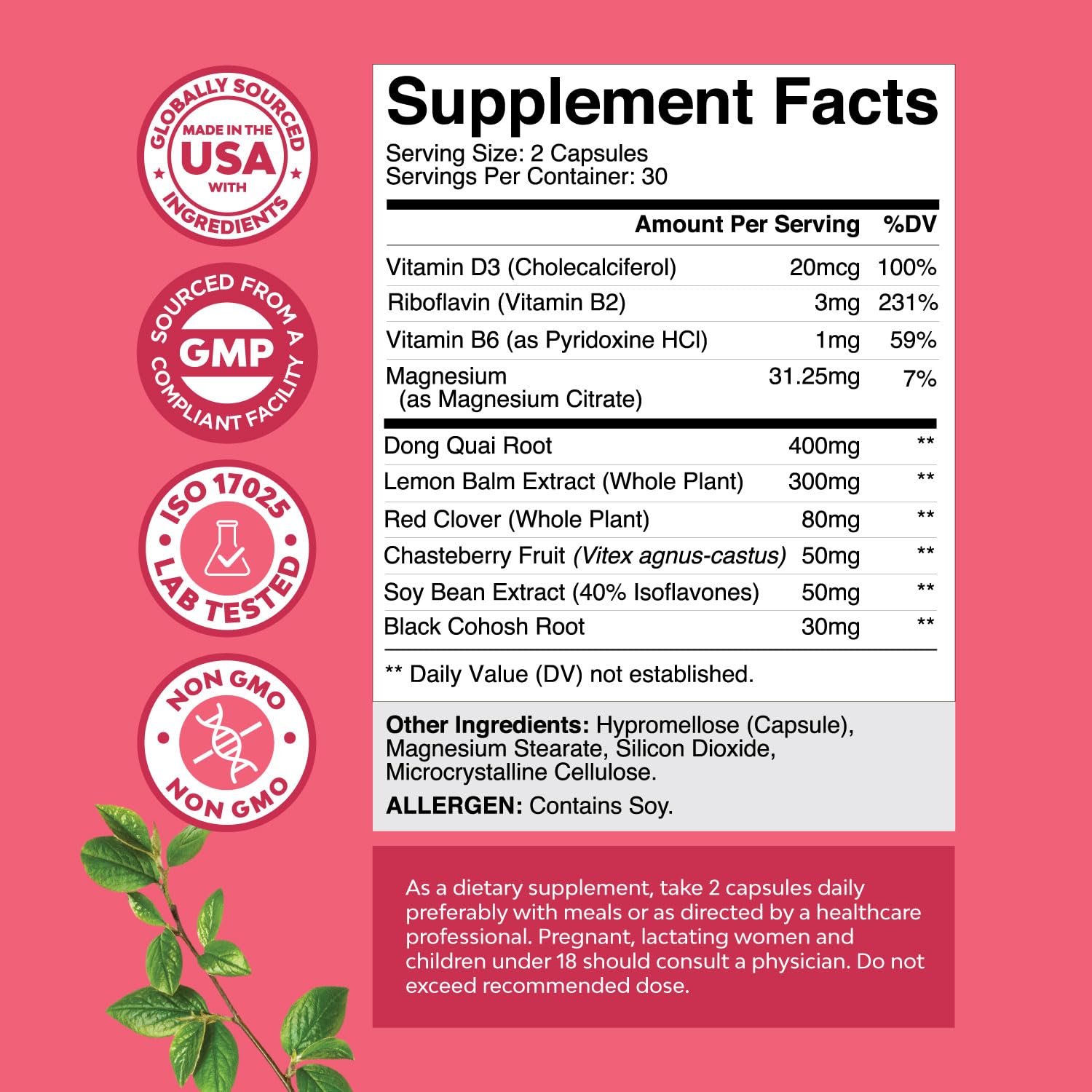 Back label view of Natures Craft menopause ease capsules featuring the full supplement facts panel and usage instructions