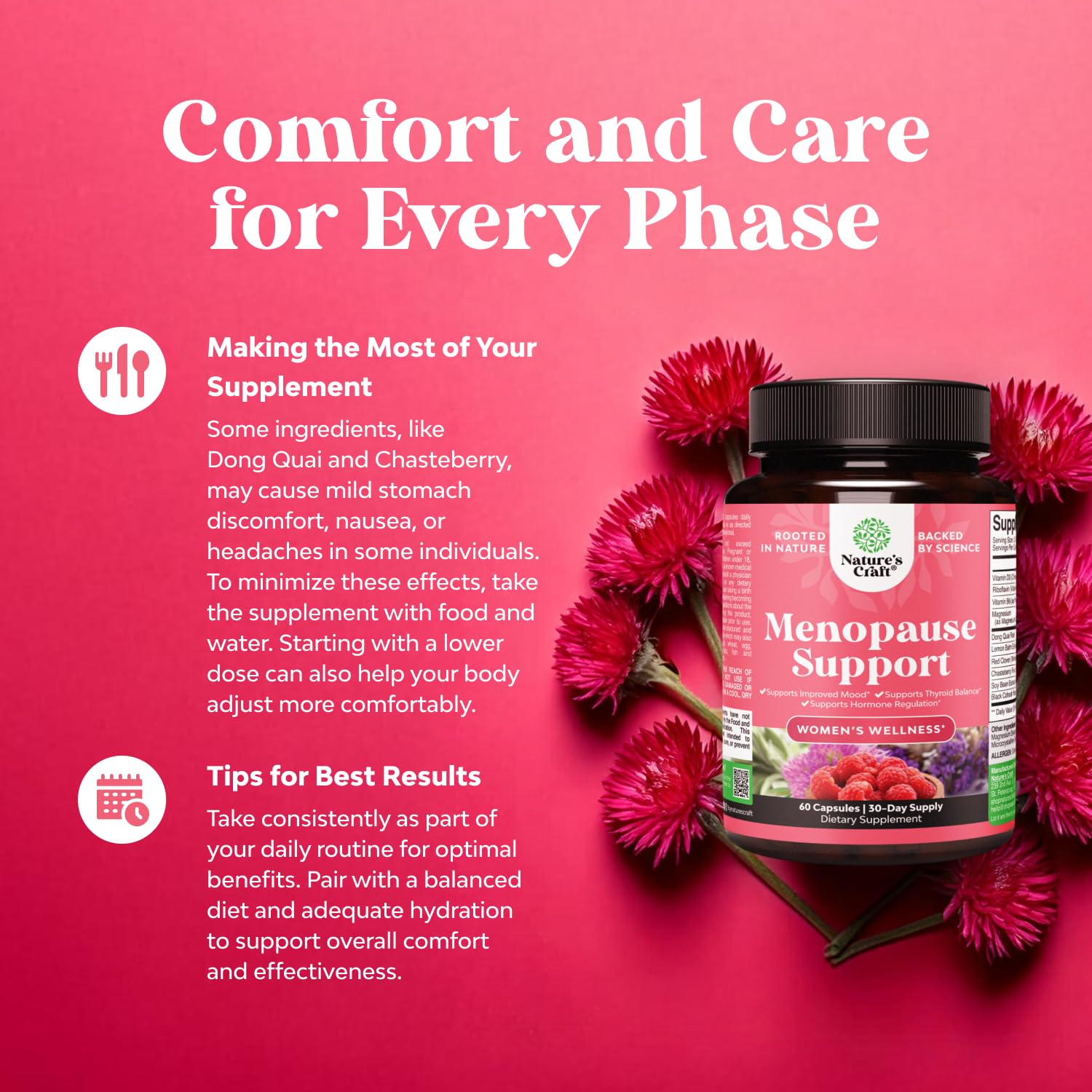 Natures Craft complete herbal menopause supplement placed upright beside natural ingredients representing hot flash relief