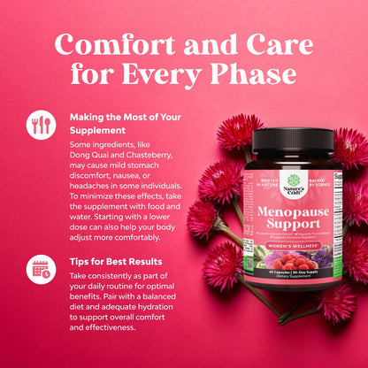 Natures Craft complete herbal menopause supplement placed upright beside natural ingredients representing hot flash relief