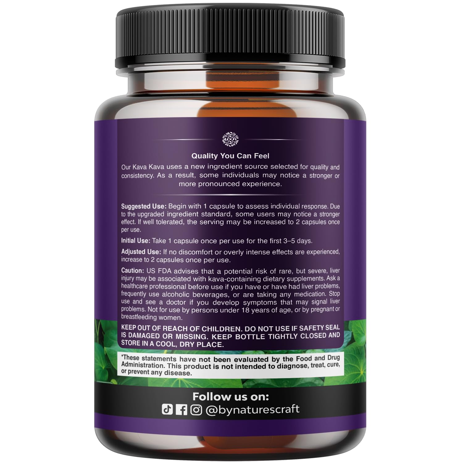 Natures Craft Kava Kava capsules dietary supplement label showing active ingredients and thousand milligram serving size