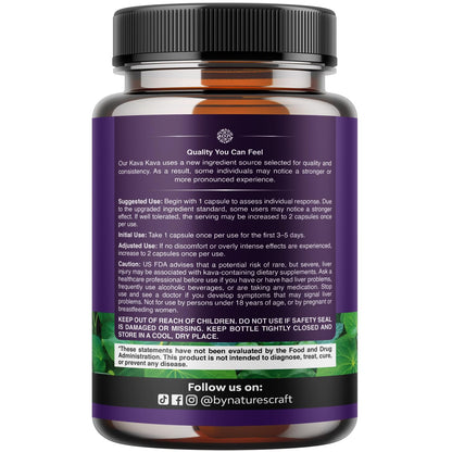 Natures Craft Kava Kava capsules dietary supplement label showing active ingredients and thousand milligram serving size