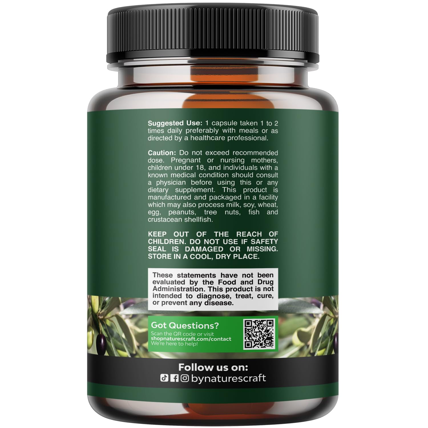Nature's Craft Olive Leaf Extract supplement facts panel and ingredients list