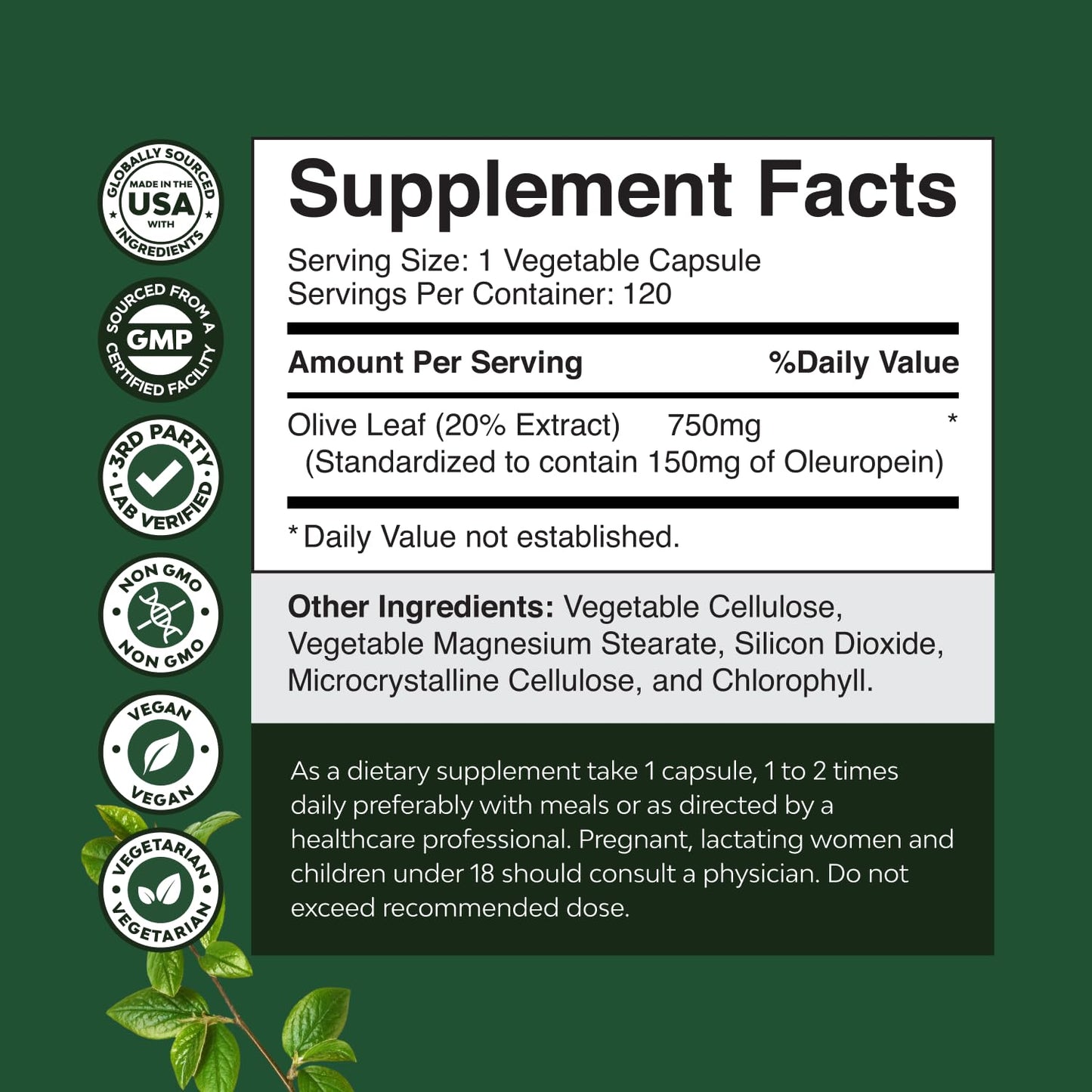 Nature's Craft Olive Leaf Extract capsules showing 20 percent oleuropein specification