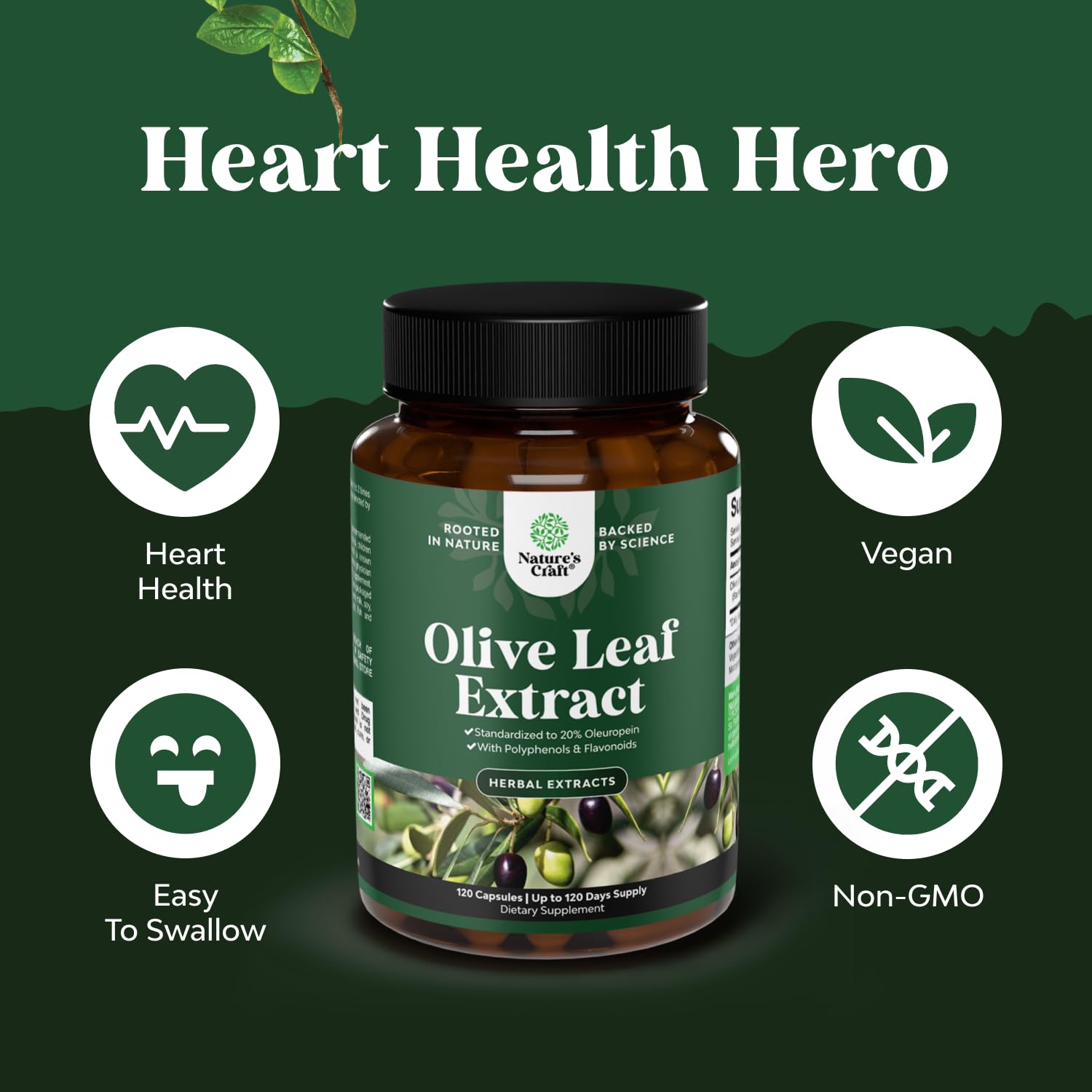 Nature's Craft Olive Leaf Extract premium imported packaging highlighting heart health benefits