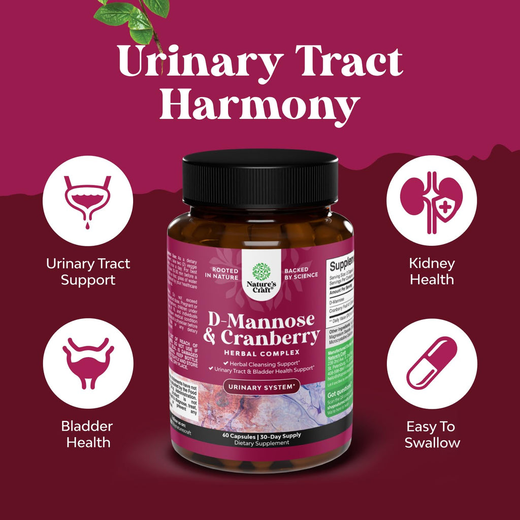 Nature's Craft D-Mannose cranberry capsules ingredient label close up