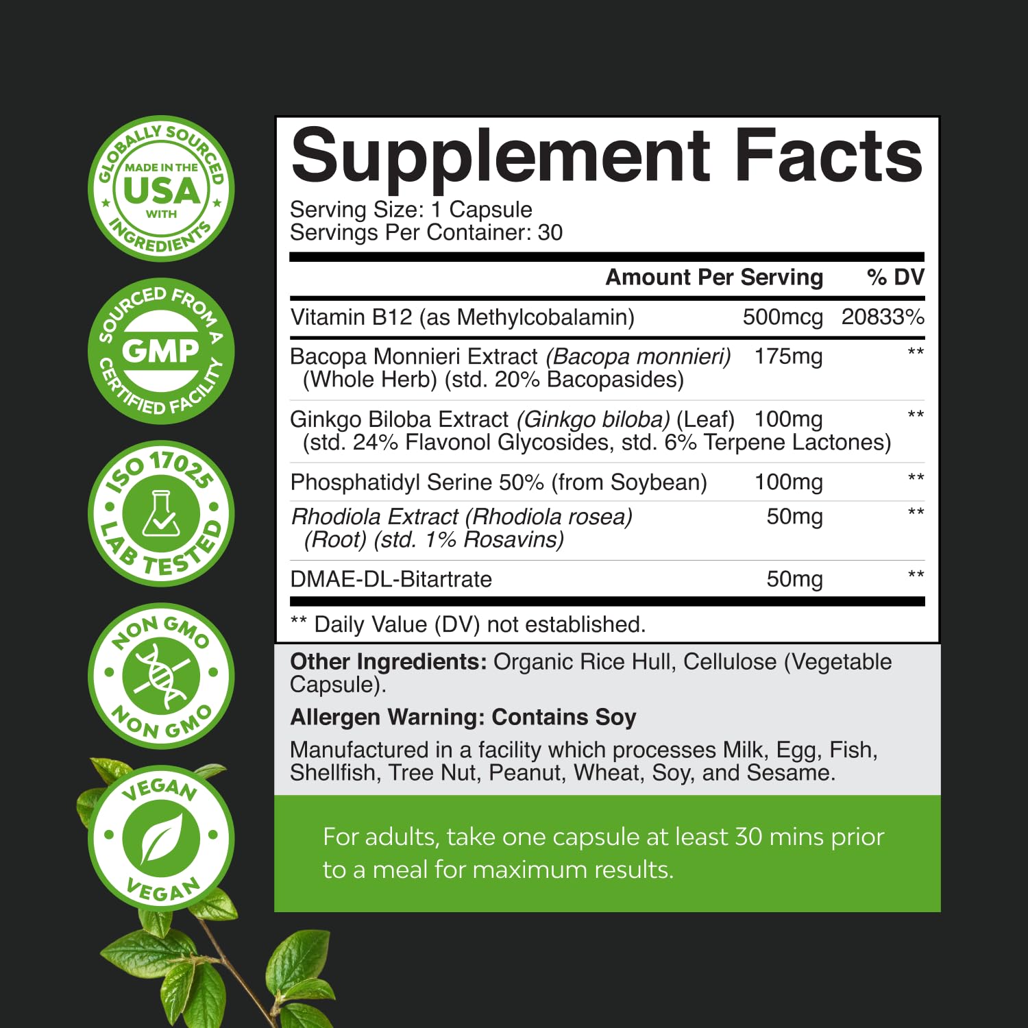 Imported Natures Craft memory pills for brain boost showing supplement directions and warnings