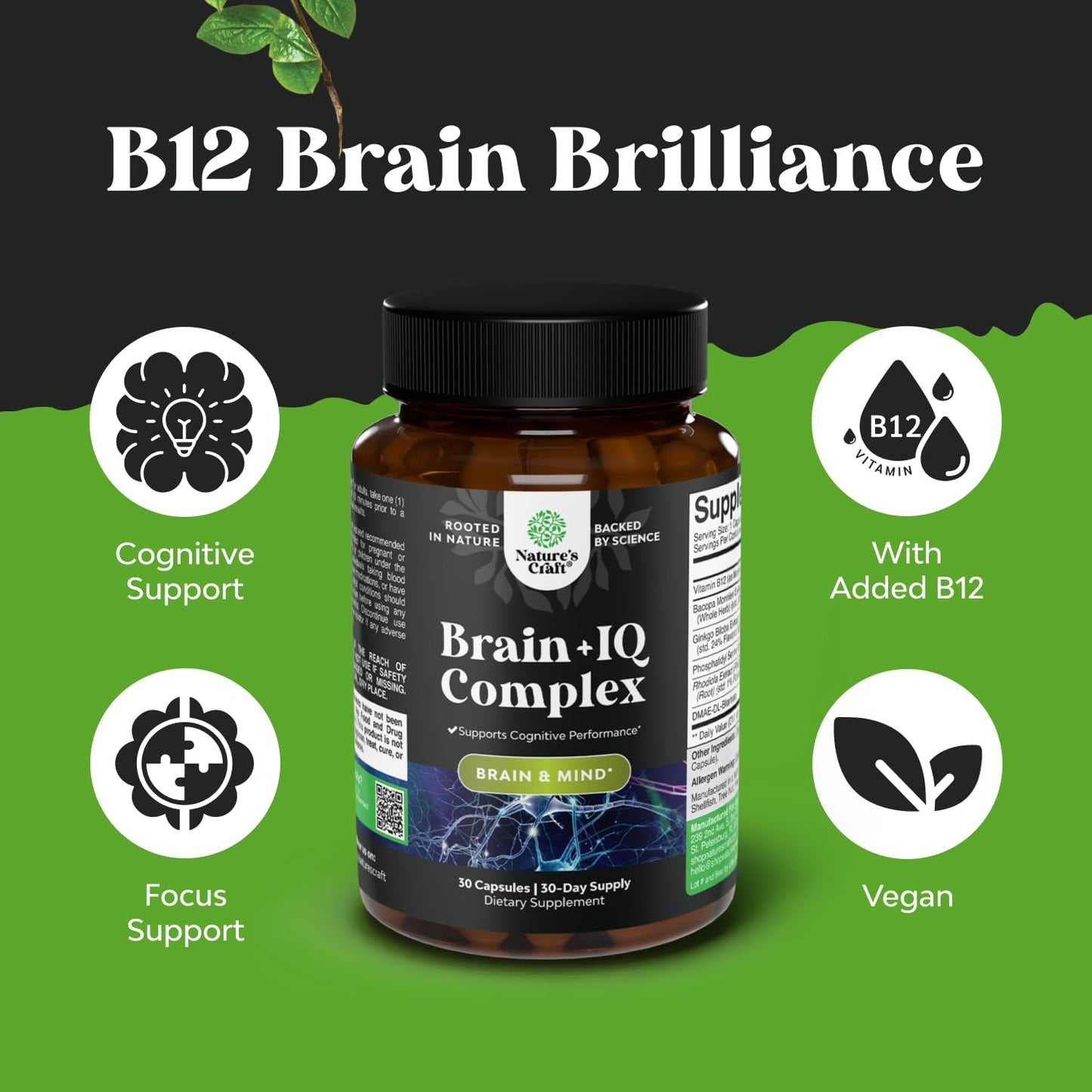 Natures Craft cognitive enhancer capsule container highlighting Bacopa Monnieri and Vitamin B12 ingredients