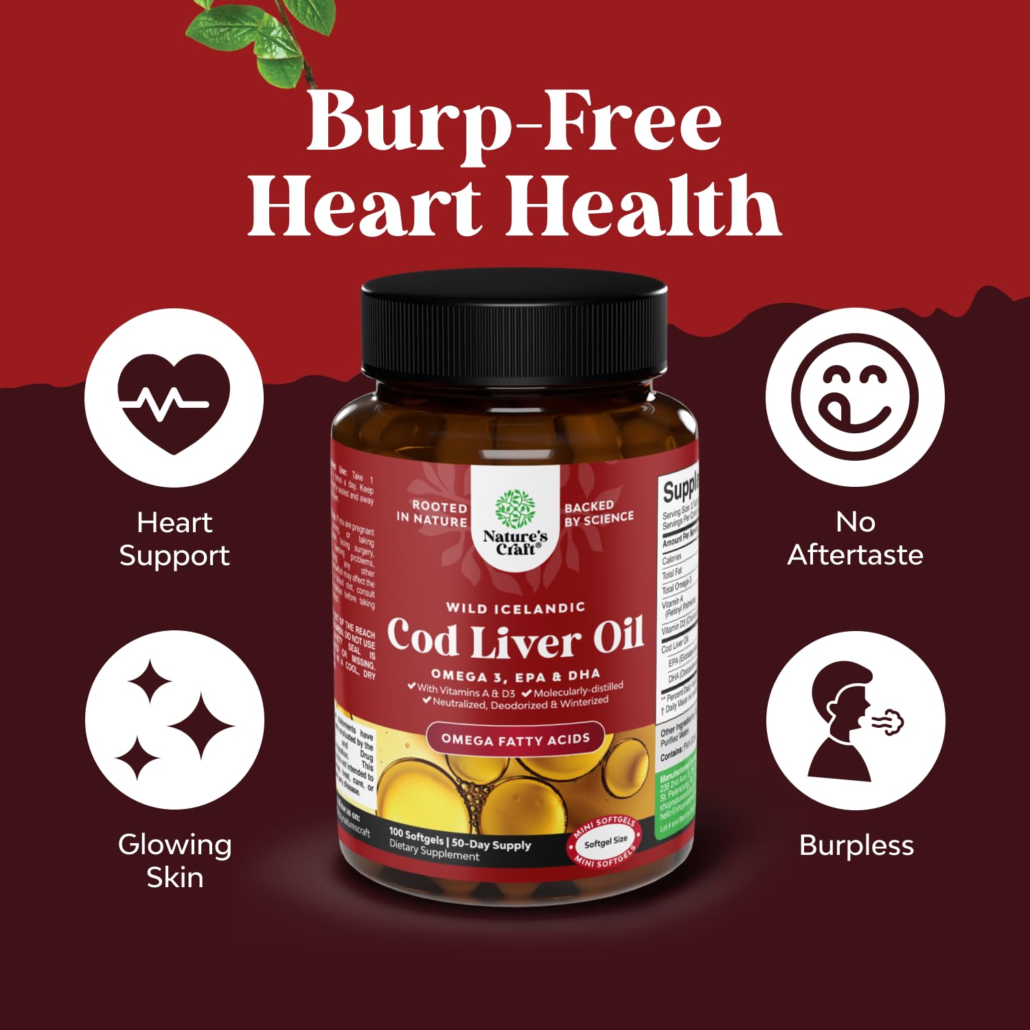 Molecularly distilled burpless cod liver oil dietary supplement packaging.