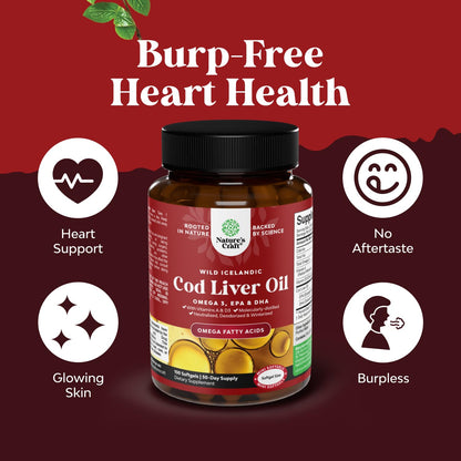 Molecularly distilled burpless cod liver oil dietary supplement packaging.