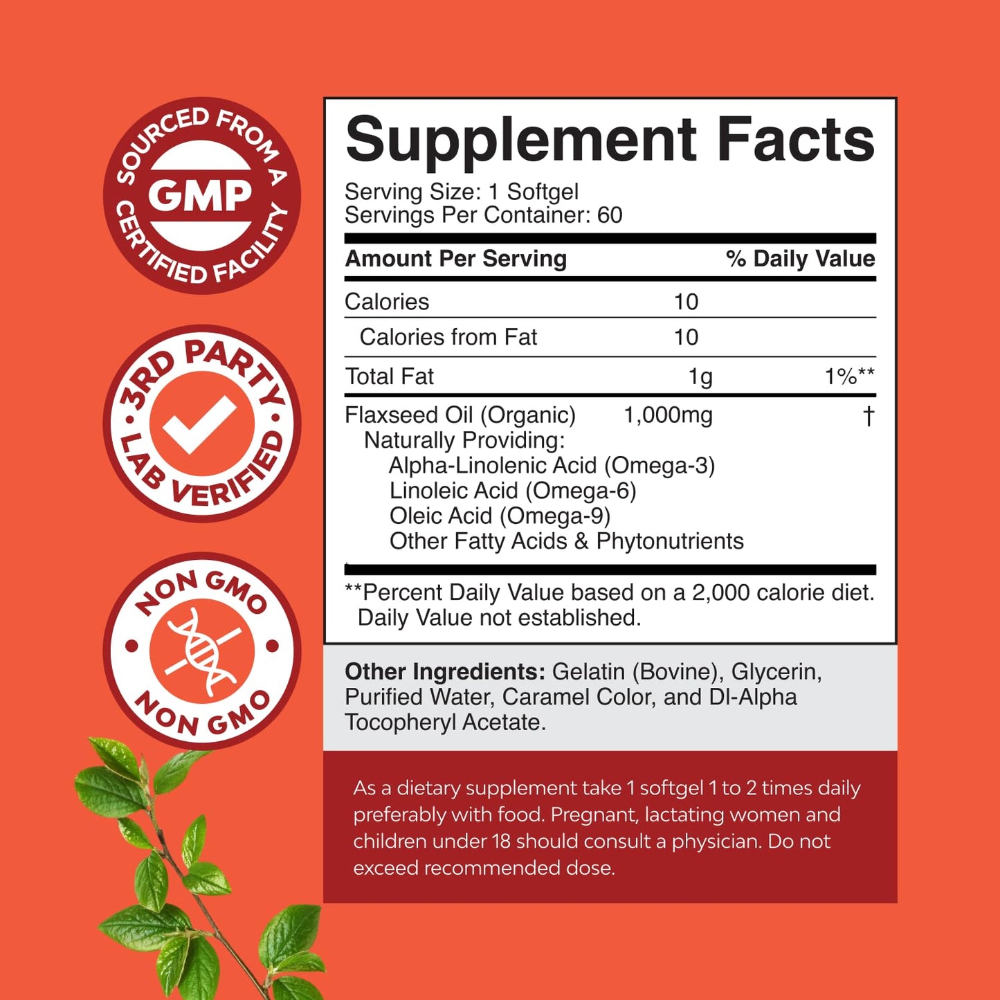 Supplement facts panel on the back of Nature's Craft cold pressed flaxseed oil packaging
