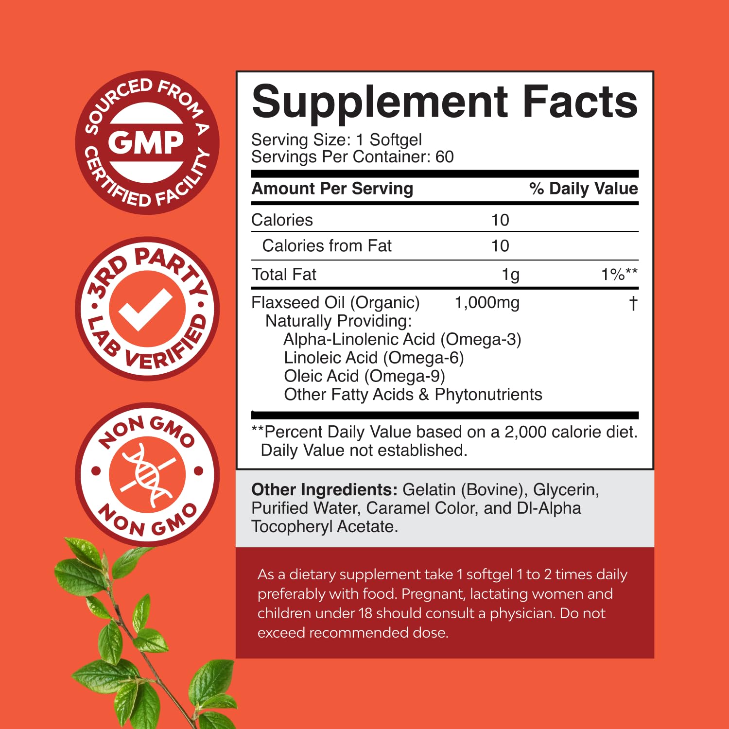 Supplement facts panel on the back of Nature's Craft cold pressed flaxseed oil packaging