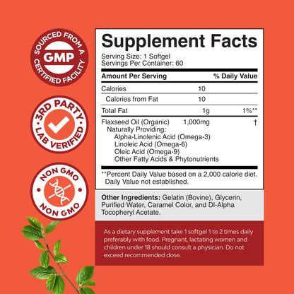 Supplement facts panel on the back of Nature's Craft cold pressed flaxseed oil packaging