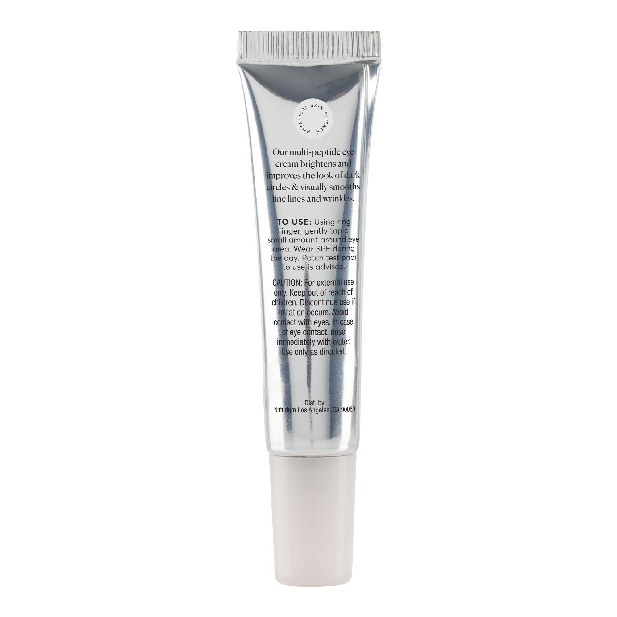 Naturium smoothing eye cream packaging showcasing the main ingredients list.