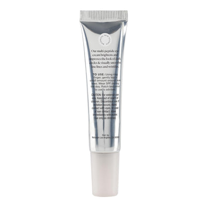 Naturium smoothing eye cream packaging showcasing the main ingredients list.
