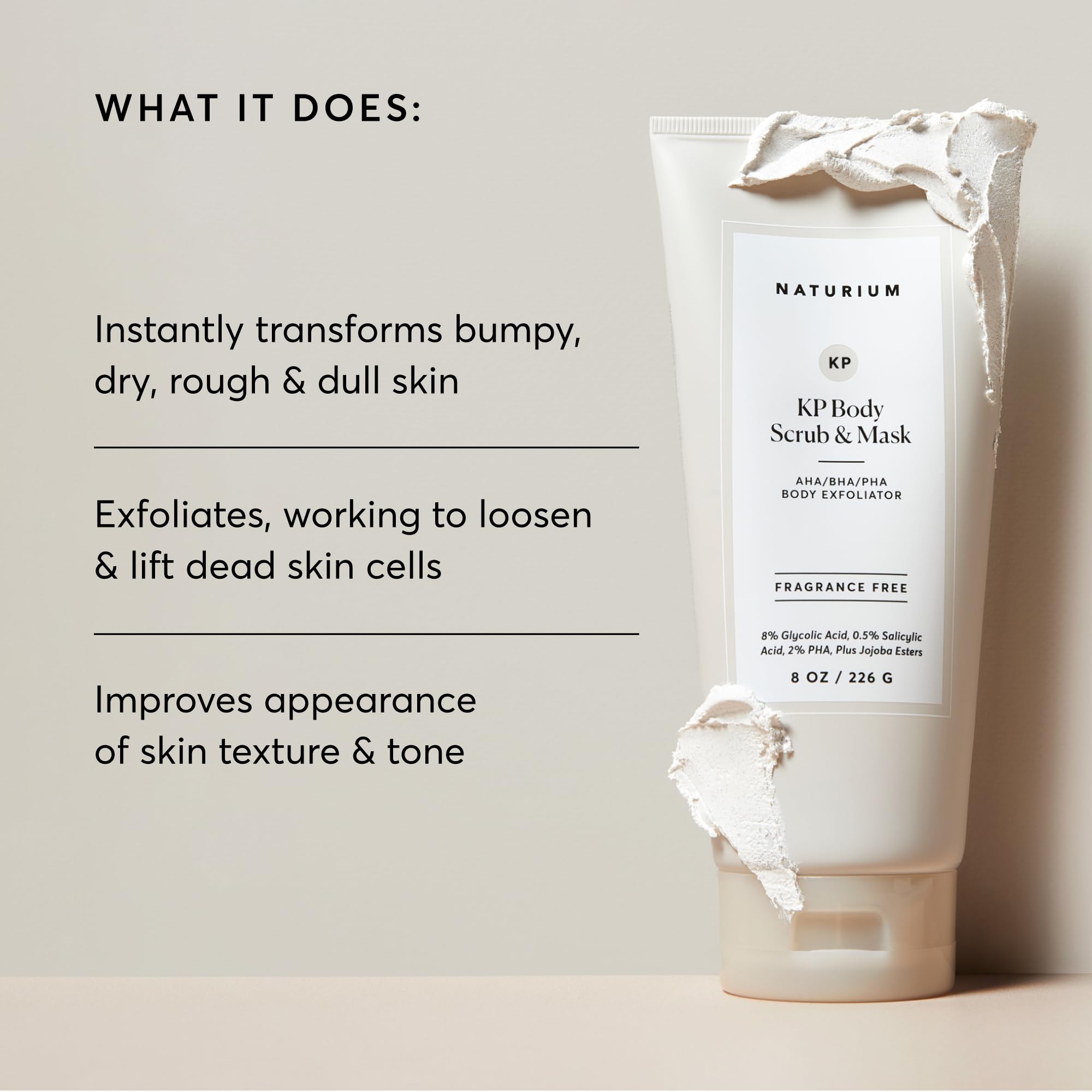 Naturium exfoliating mask applied to skin demonstrating physical jojoba esters performance