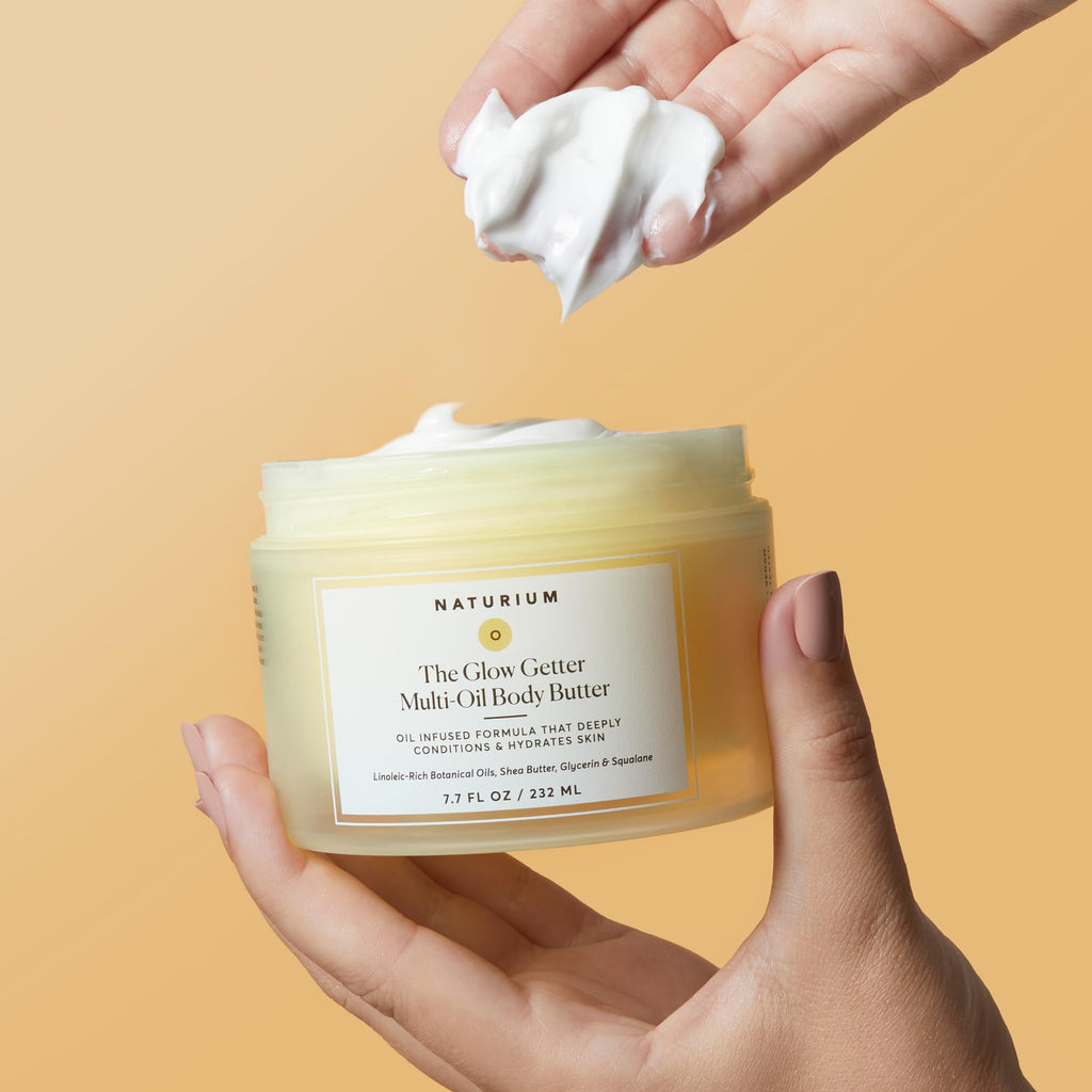 Side profile of Naturium The Glow Getter Body Butter 7.7 Fluid Ounces.