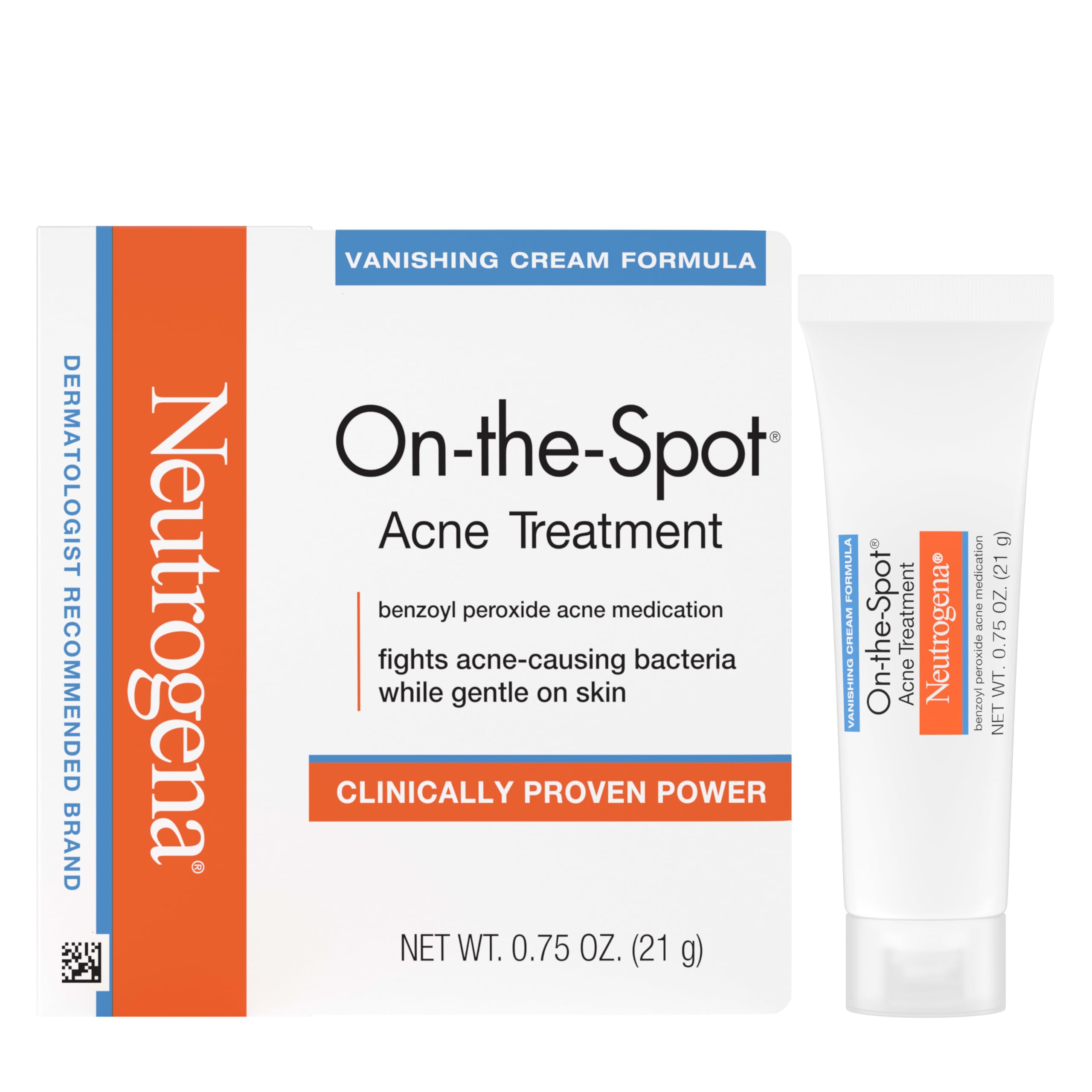 Neutrogena 2.5 percent benzoyl peroxide acne cream packaging showing vanishing formula details.
