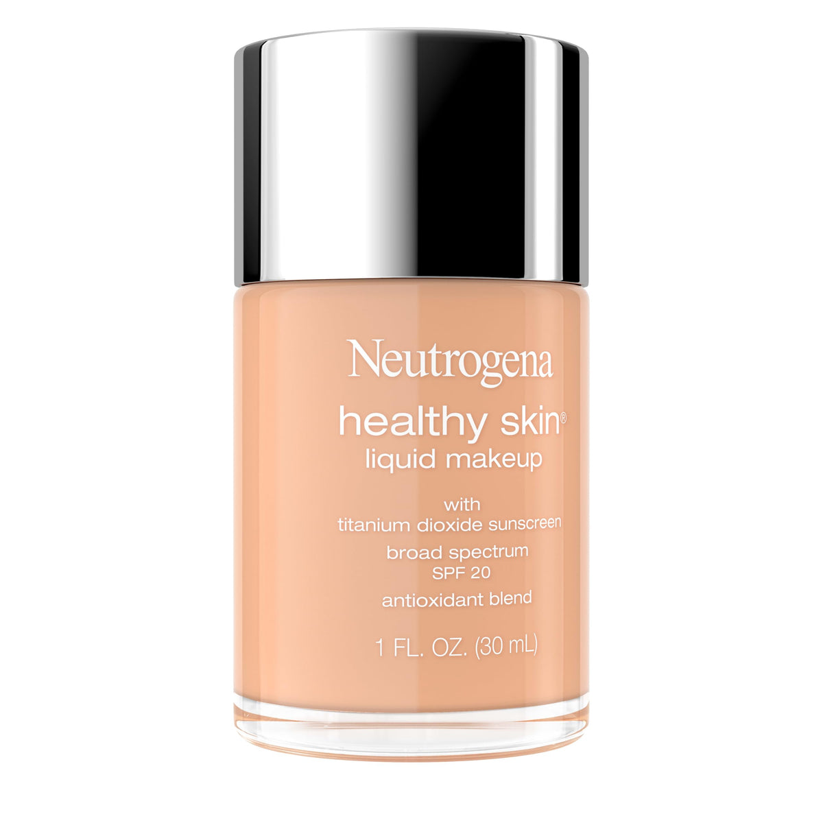 Back side of Neutrogena Healthy Skin foundation bottle with ingredient details