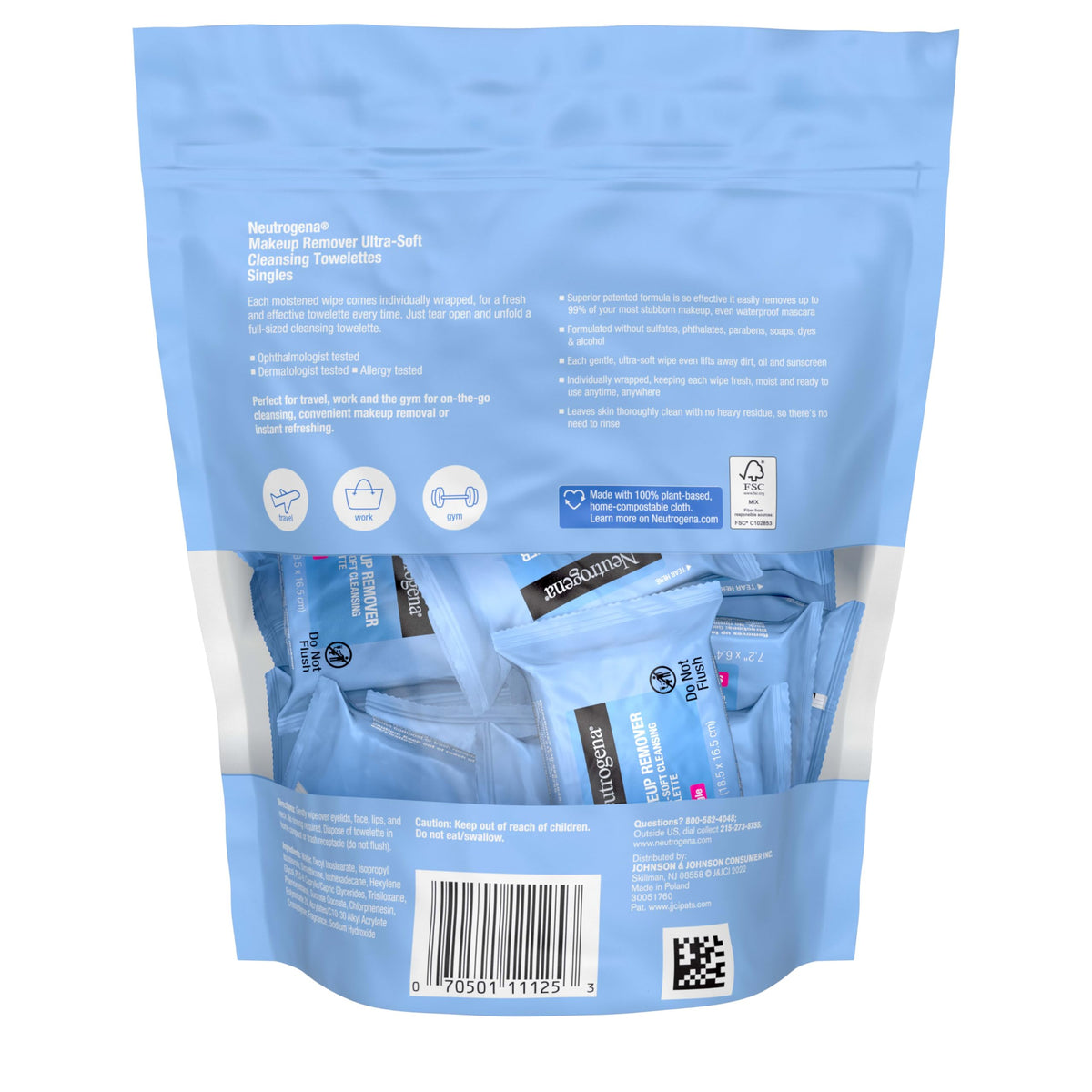 Travel-friendly Neutrogena makeup wipes in a handbag