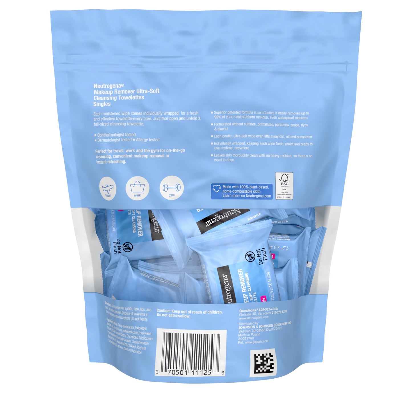 Back of Neutrogena makeup remover wipes packaging details