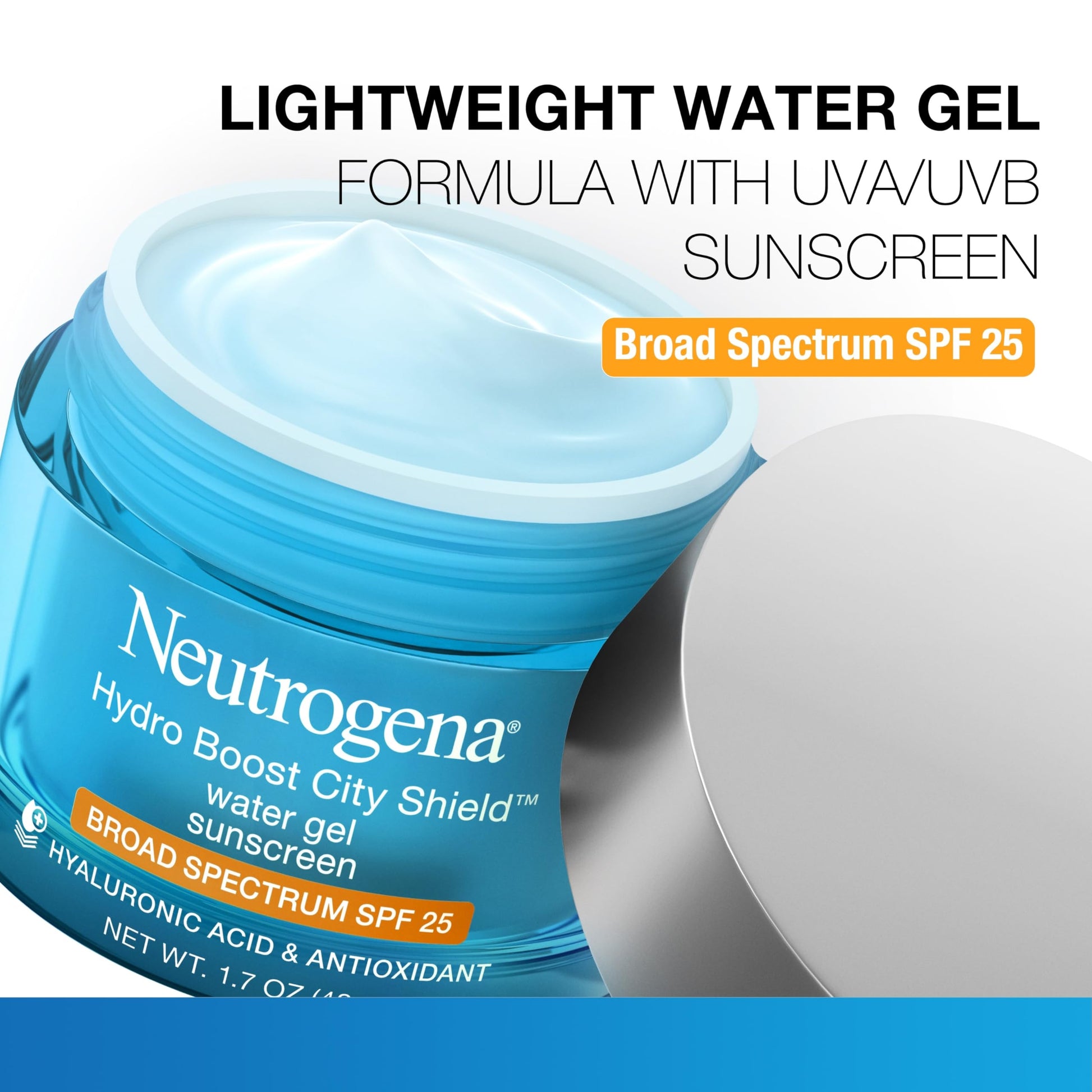 Neutrogena Hydro Boost City Shield jar next to skincare routine items.