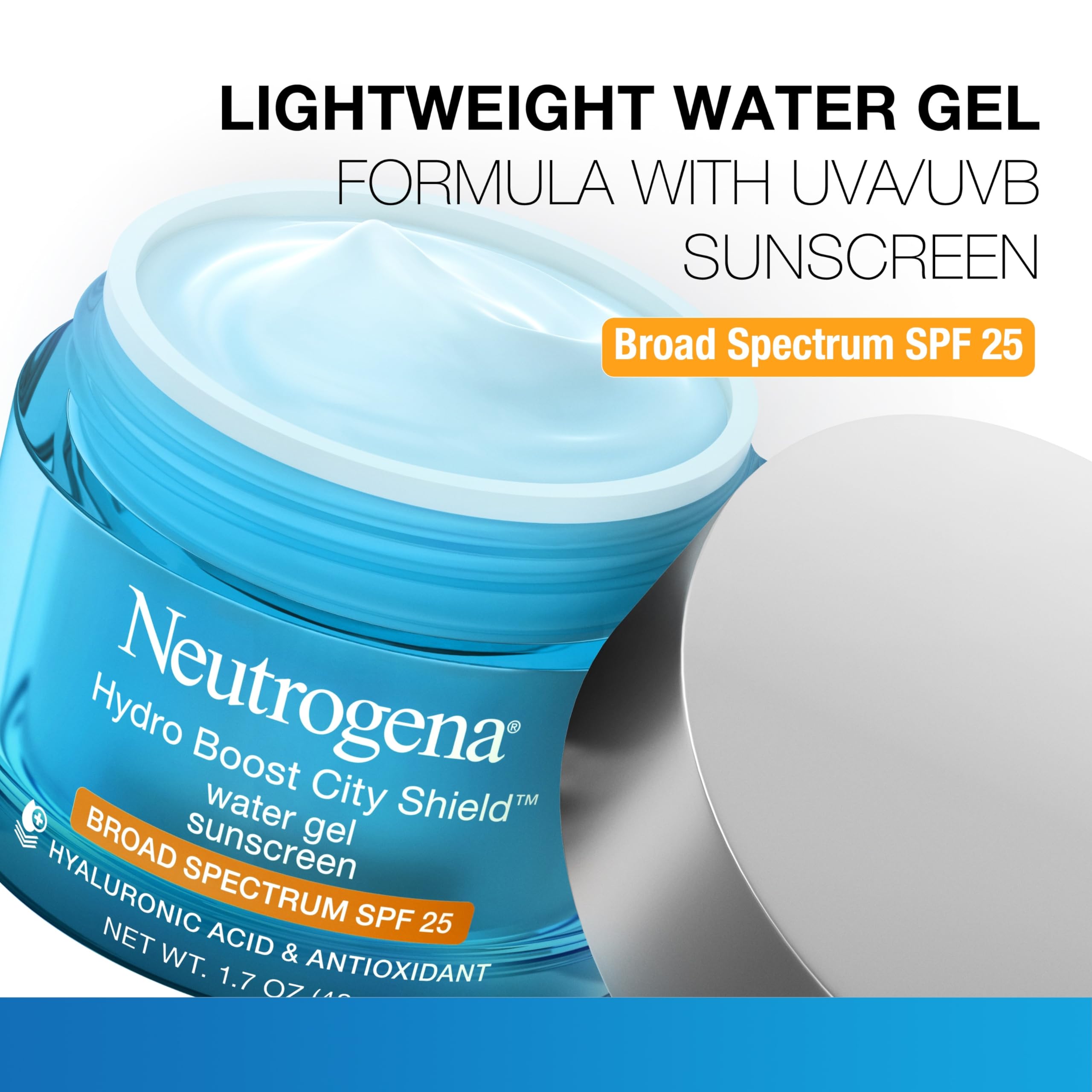 Neutrogena Hydro Boost City Shield jar next to skincare routine items.