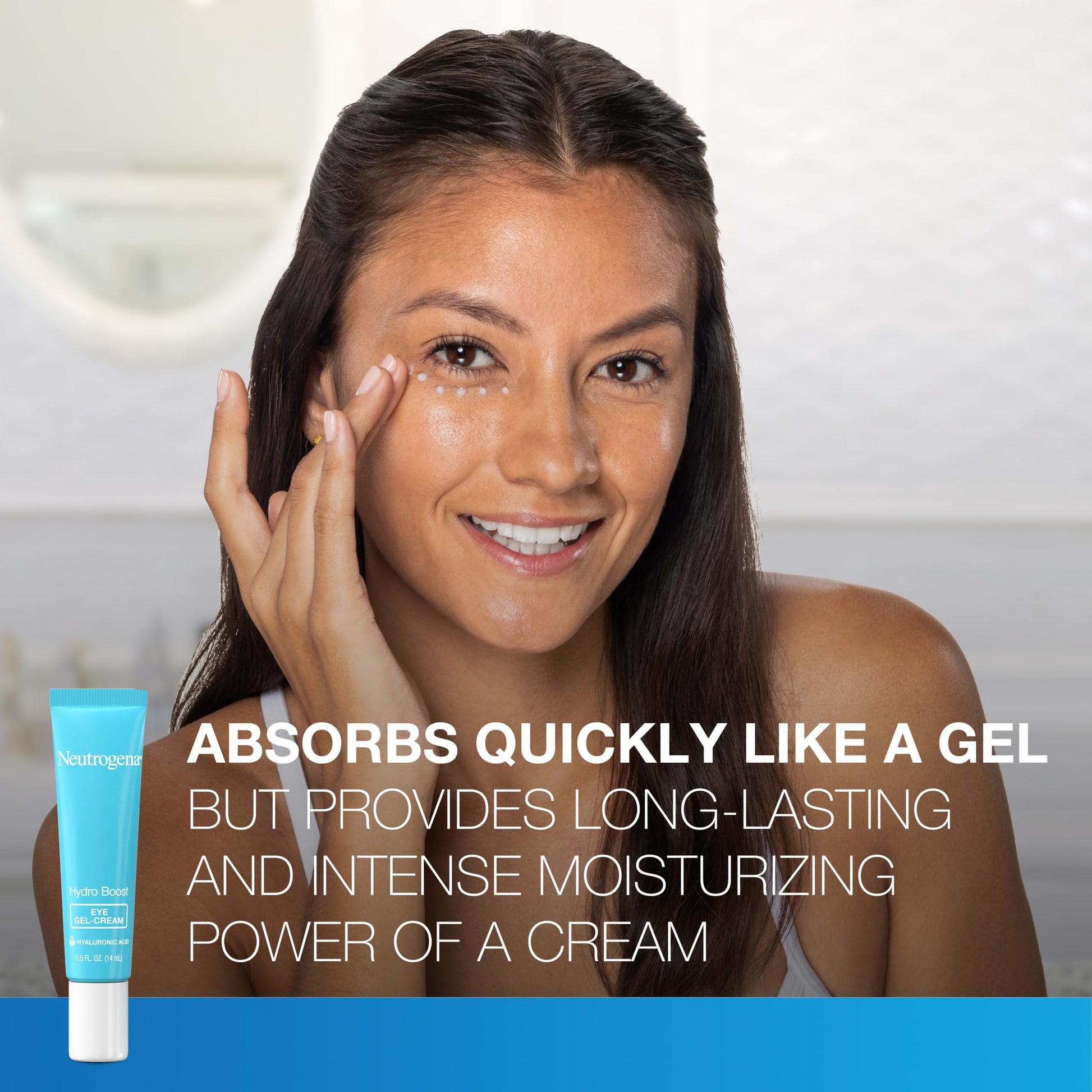 Lightweight water gel texture of Neutrogena under-eye cream on fingertips