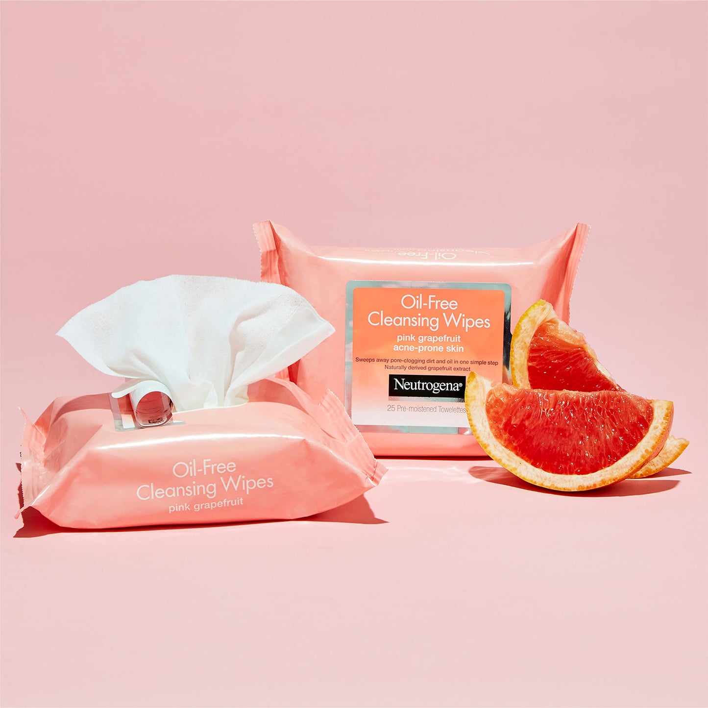 Side profile of Neutrogena twin pack twenty five count daily acne facial wipes.