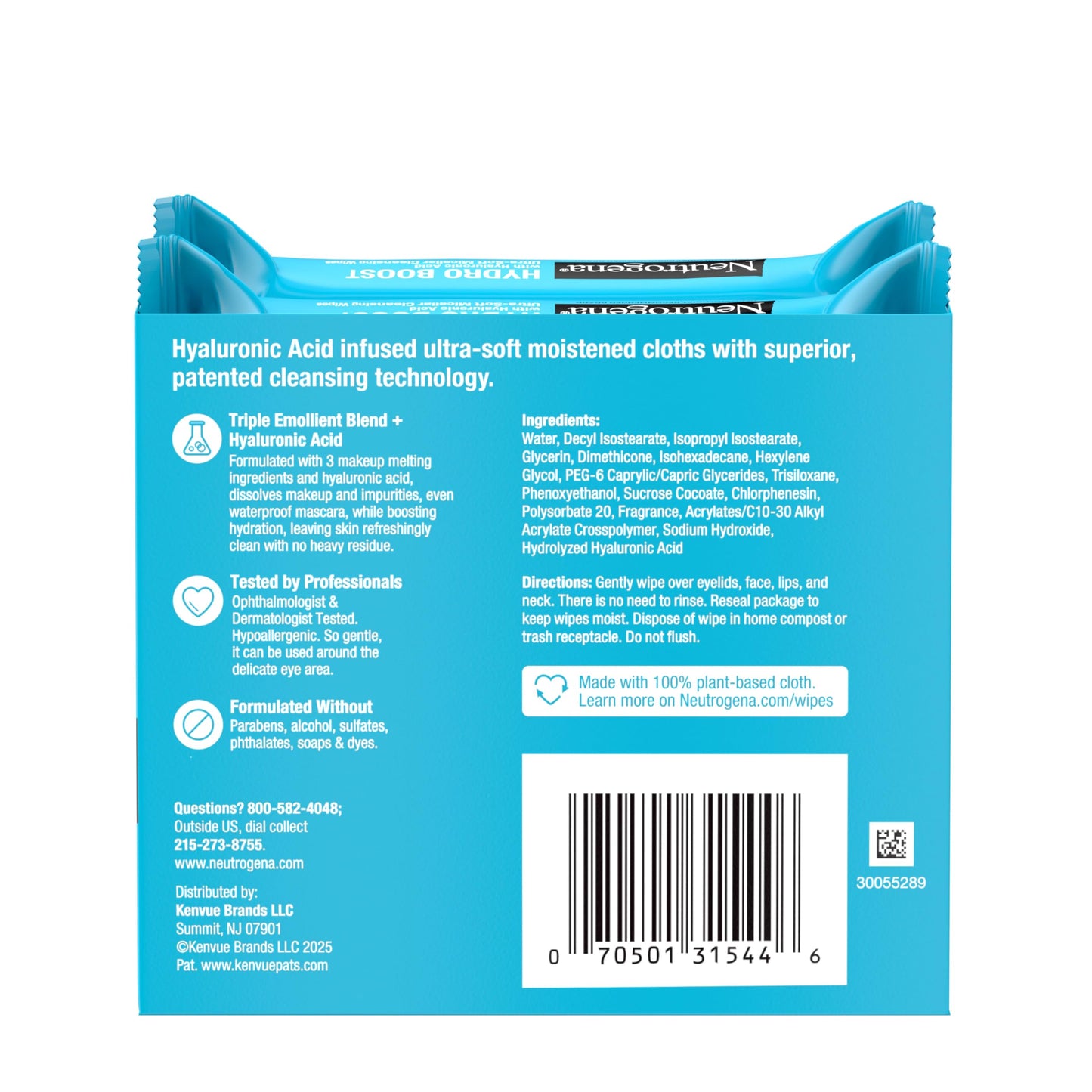 Back of pack details for Neutrogena Hydro Boost wipes